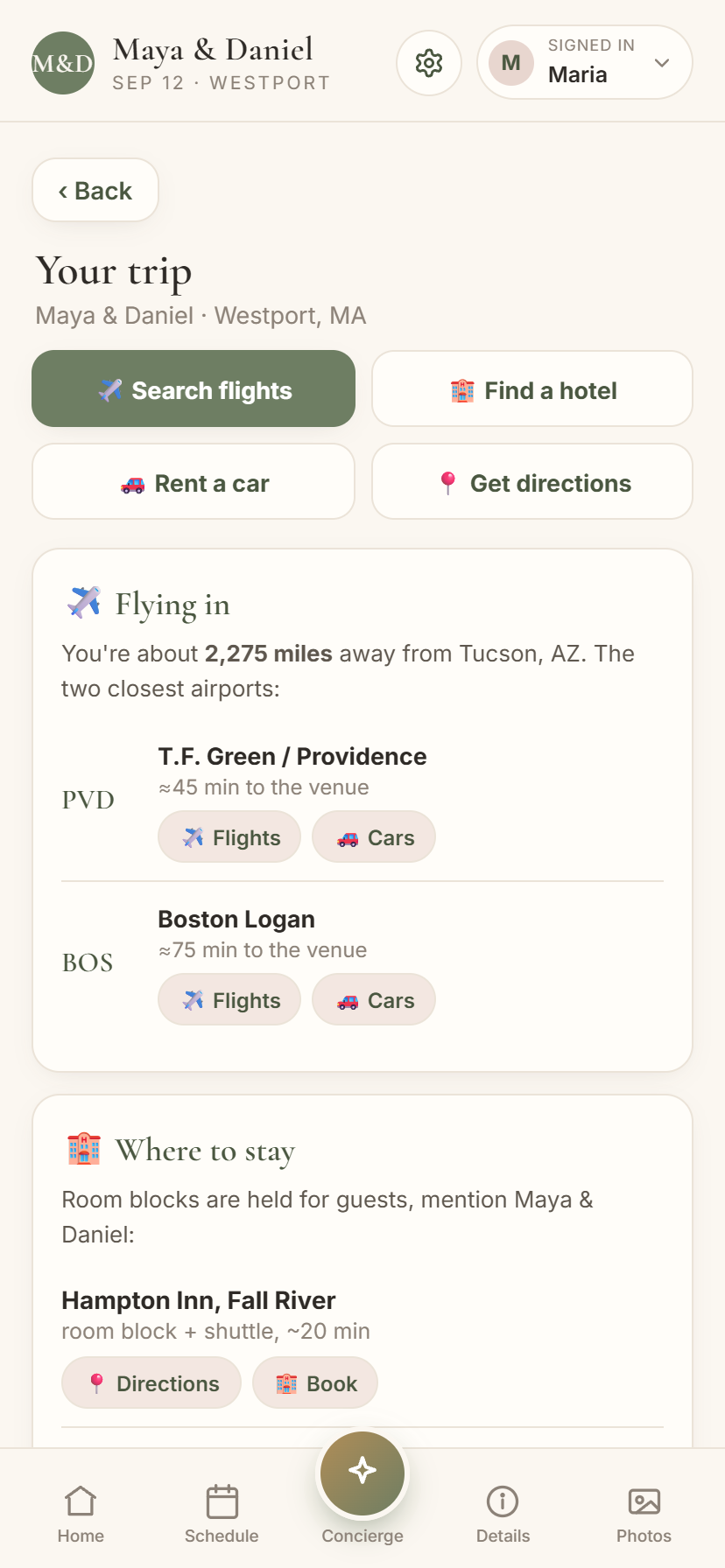 The trip planner showing flight, hotel, car, and directions booking buttons for a guest